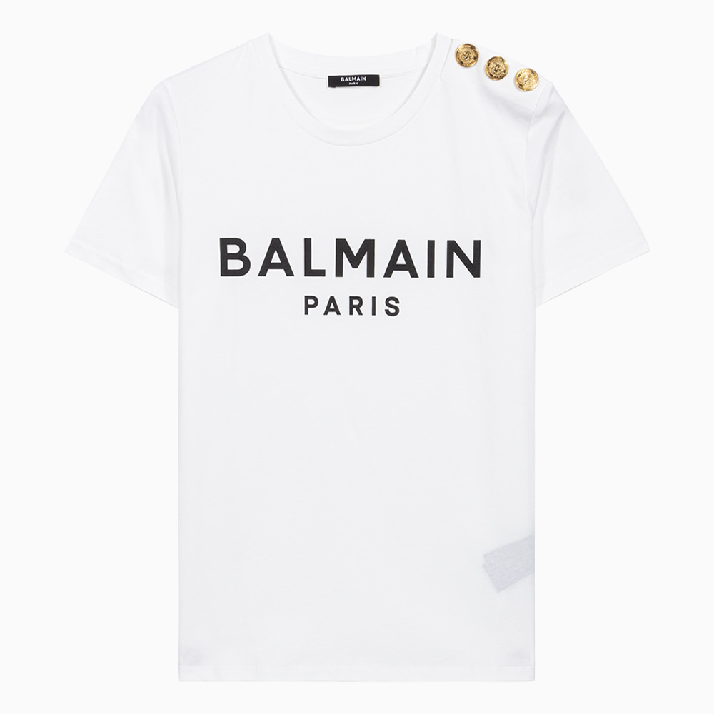 밀라노상인 BALMAIN (당일) 23SS 발망 로고 프린트 숄더 3버튼 화이트 여성 반팔 티셔츠 YF1EF005BB02 WHITE