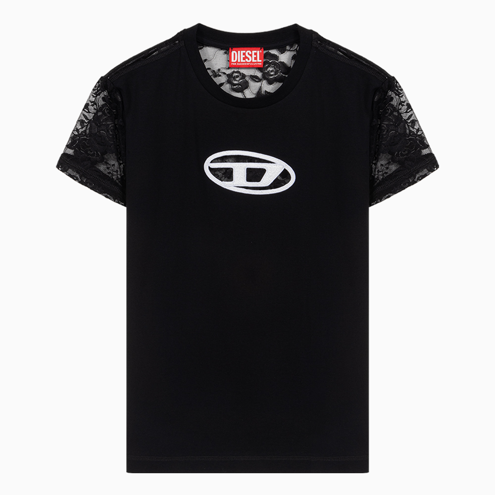 밀라노상인 DIESEL (당일) 23SS 디젤 로고 컷아웃 블랙 여성 백 레이스 반팔 티셔츠 A10838 0AFAA 9XXA