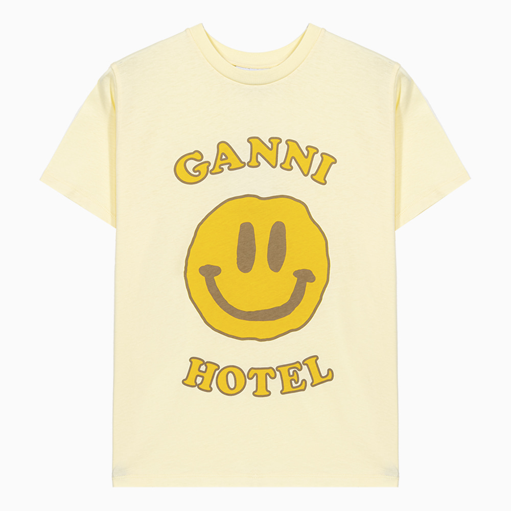 밀라노상인 GANNI (당일) 22FW 가니 호텔 스마일 로고 라이트 옐로우 여성 반팔 티셔츠 T3224302