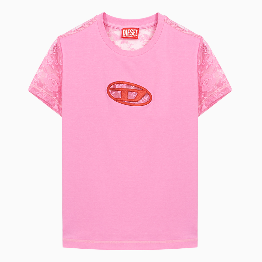 밀라노상인 DIESEL (당일) 23SS 디젤 로고 컷아웃 핑크 여성 백 레이스 반팔 티셔츠 A108380AFAA368A