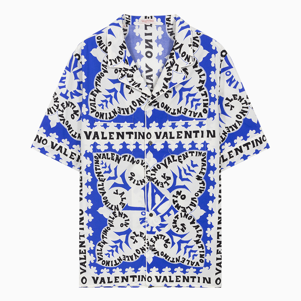 밀라노상인 VALENTINO (당일) 23SS 발렌티노 미니 반다나 패턴 화이트 블루 반팔 셔츠 2V3AAA7293YID8